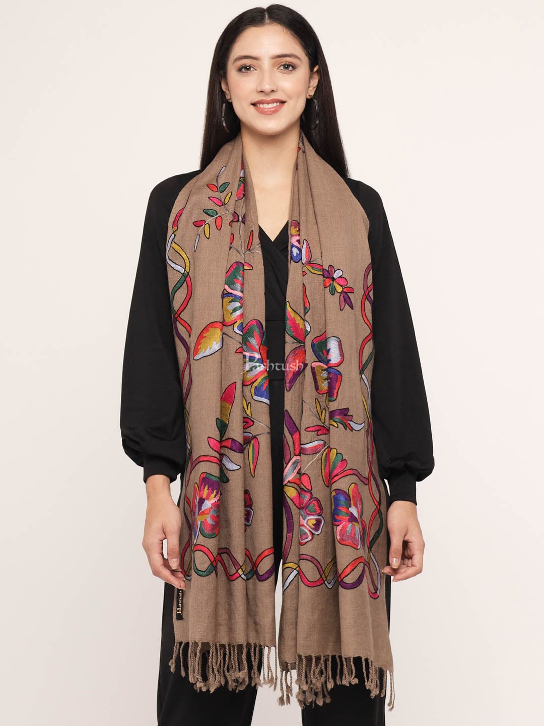 Pashtush India Womens Stoles and Scarves Scarf Pashtush womens 100% Pure Wool with Woolmark Certificate stole, 100% hand painted and nalki embroidery design, Taupe