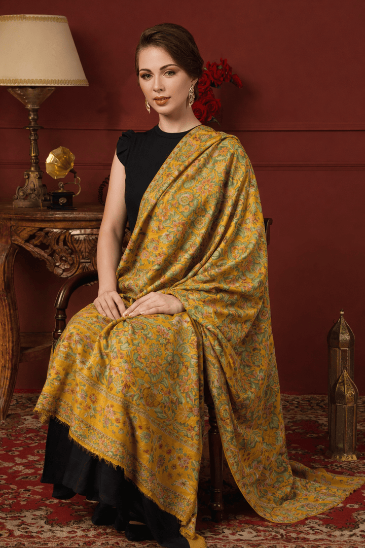Pashtush India Womens Shawls Pashtush Womens 100% Pure Wool With Woolmark Certificate Stole, Ethnic Weave Soft And Warm Design, Mustard