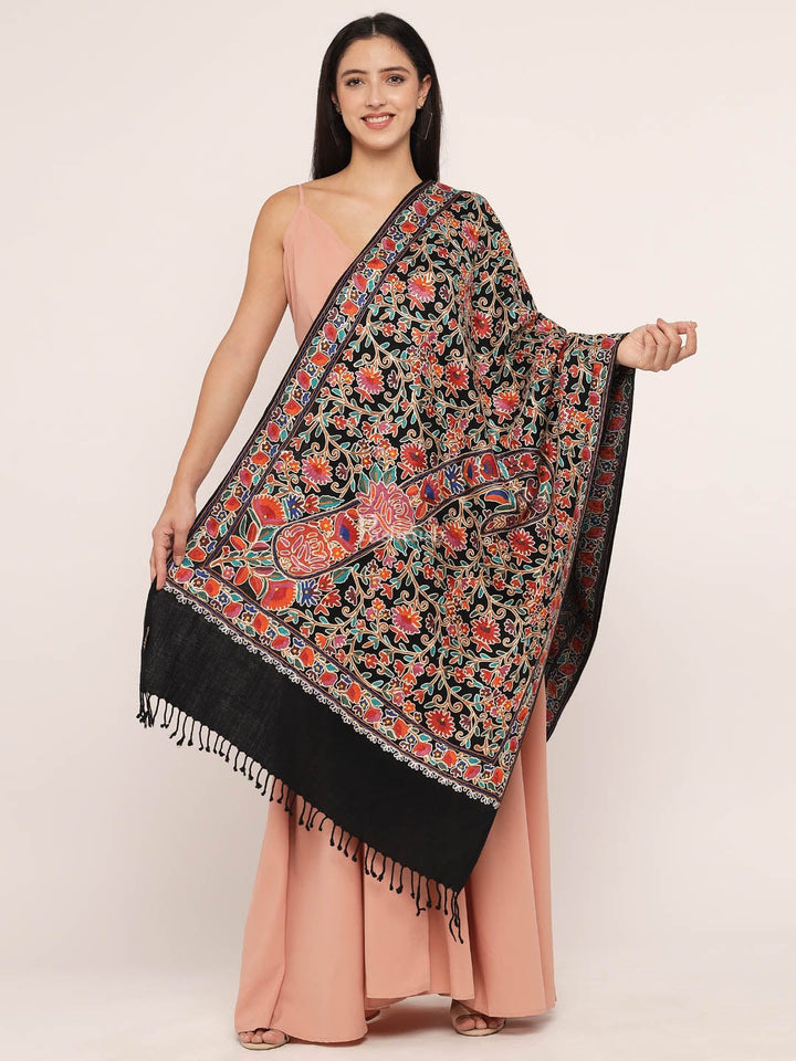 Pashtush India Womens Stoles and Scarves Scarf Pashtush womens 100% Pure Wool with Woolmark Certificate stole, nalki embroidery design, Black