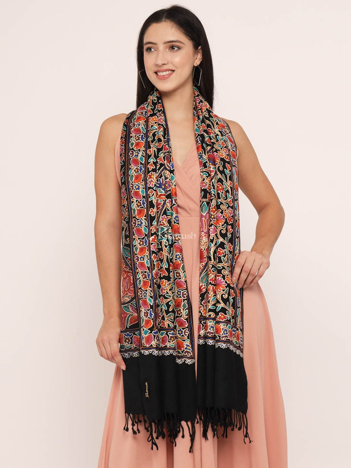Pashtush India Womens Stoles and Scarves Scarf Pashtush womens 100% Pure Wool with Woolmark Certificate stole, nalki embroidery design, Black
