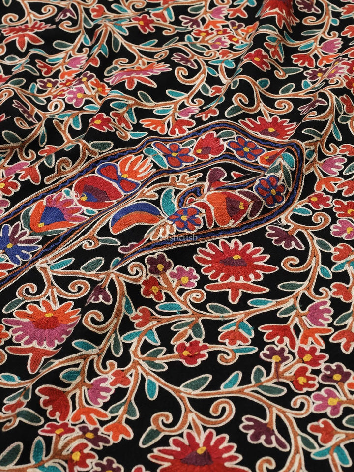 Pashtush India Womens Stoles and Scarves Scarf Pashtush womens 100% Pure Wool with Woolmark Certificate stole, nalki embroidery design, Black