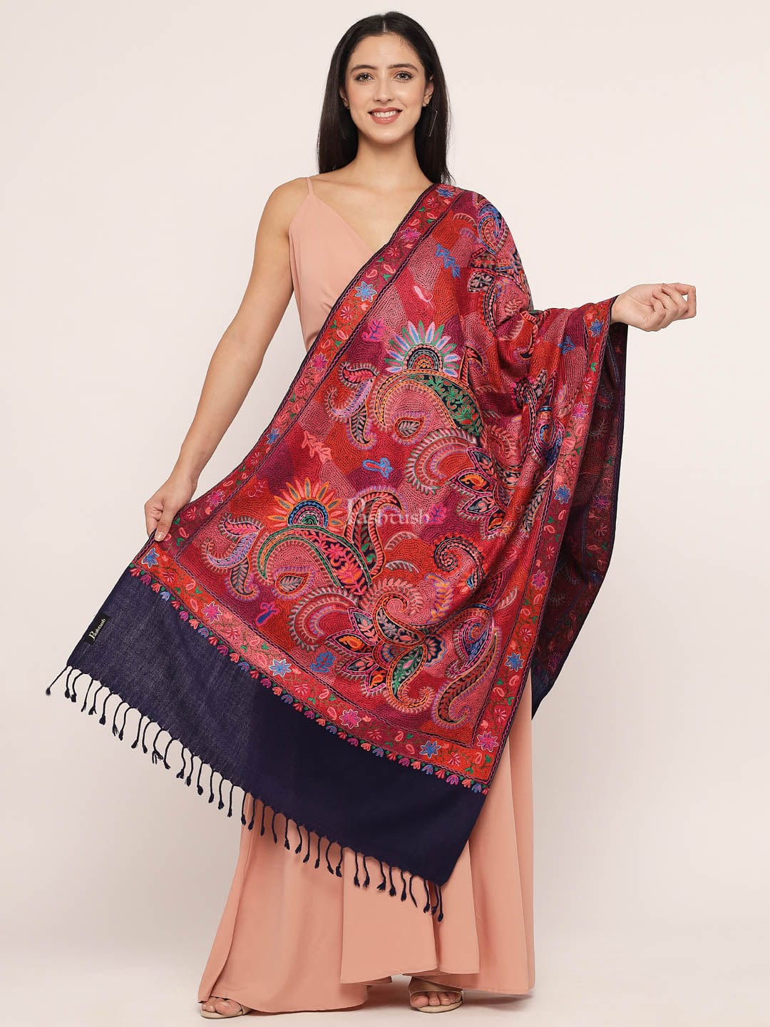 Pashtush India Womens Stoles and Scarves Scarf Pashtush womens 100% Pure Wool with Woolmark Certificate Stole, nalki embroidery design, Blue