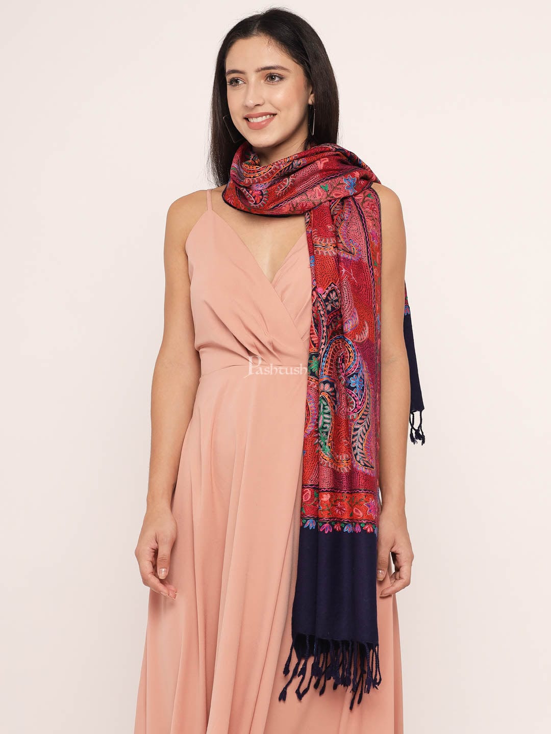 Pashtush India Womens Stoles and Scarves Scarf Pashtush womens 100% Pure Wool with Woolmark Certificate Stole, nalki embroidery design, Blue