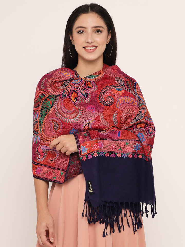 Pashtush India Womens Stoles and Scarves Scarf Pashtush womens 100% Pure Wool with Woolmark Certificate Stole, nalki embroidery design, Blue