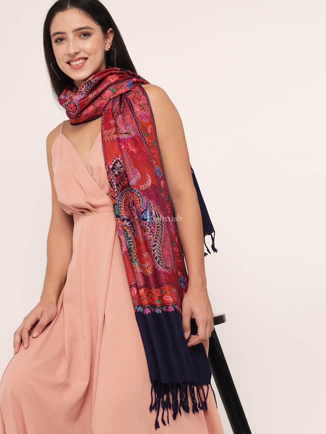 Pashtush India Womens Stoles and Scarves Scarf Pashtush womens 100% Pure Wool with Woolmark Certificate Stole, nalki embroidery design, Blue