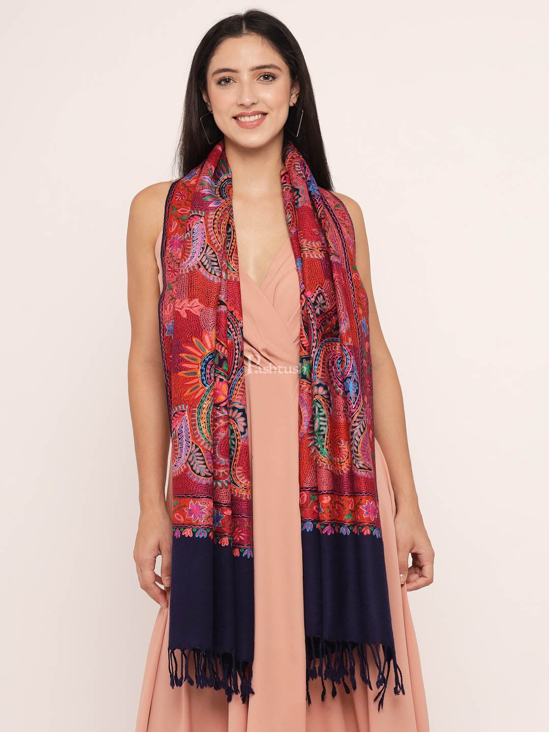 Pashtush India Womens Stoles and Scarves Scarf Pashtush womens 100% Pure Wool with Woolmark Certificate Stole, nalki embroidery design, Blue