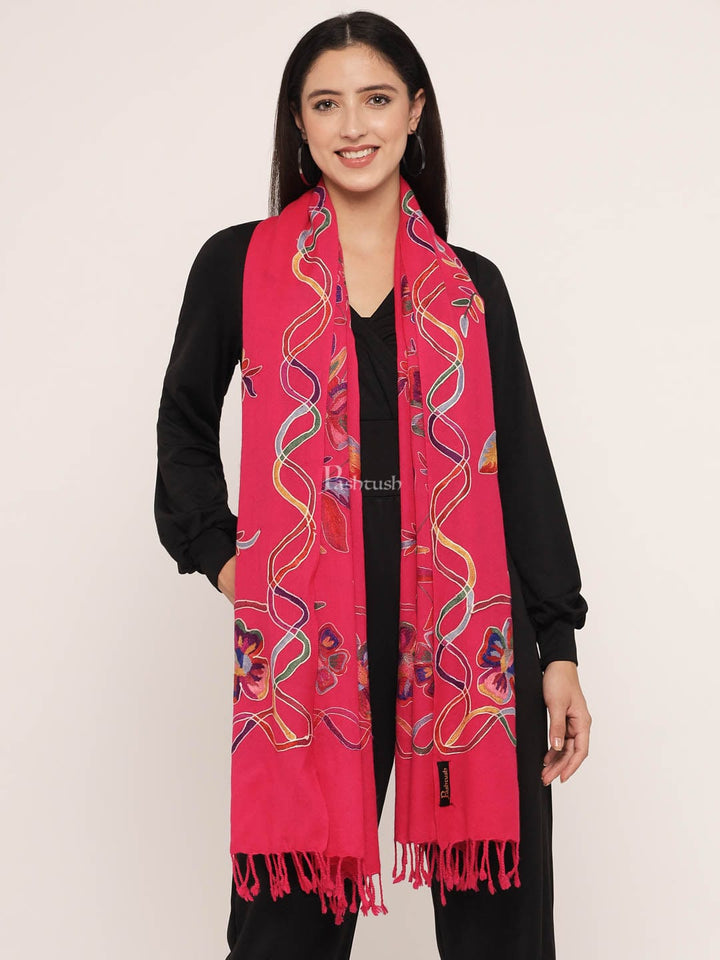 Pashtush India Womens Stoles and Scarves Scarf Pashtush womens 100% Pure Wool with Woolmark Certificate stole,  nalki embroidery design, Pink