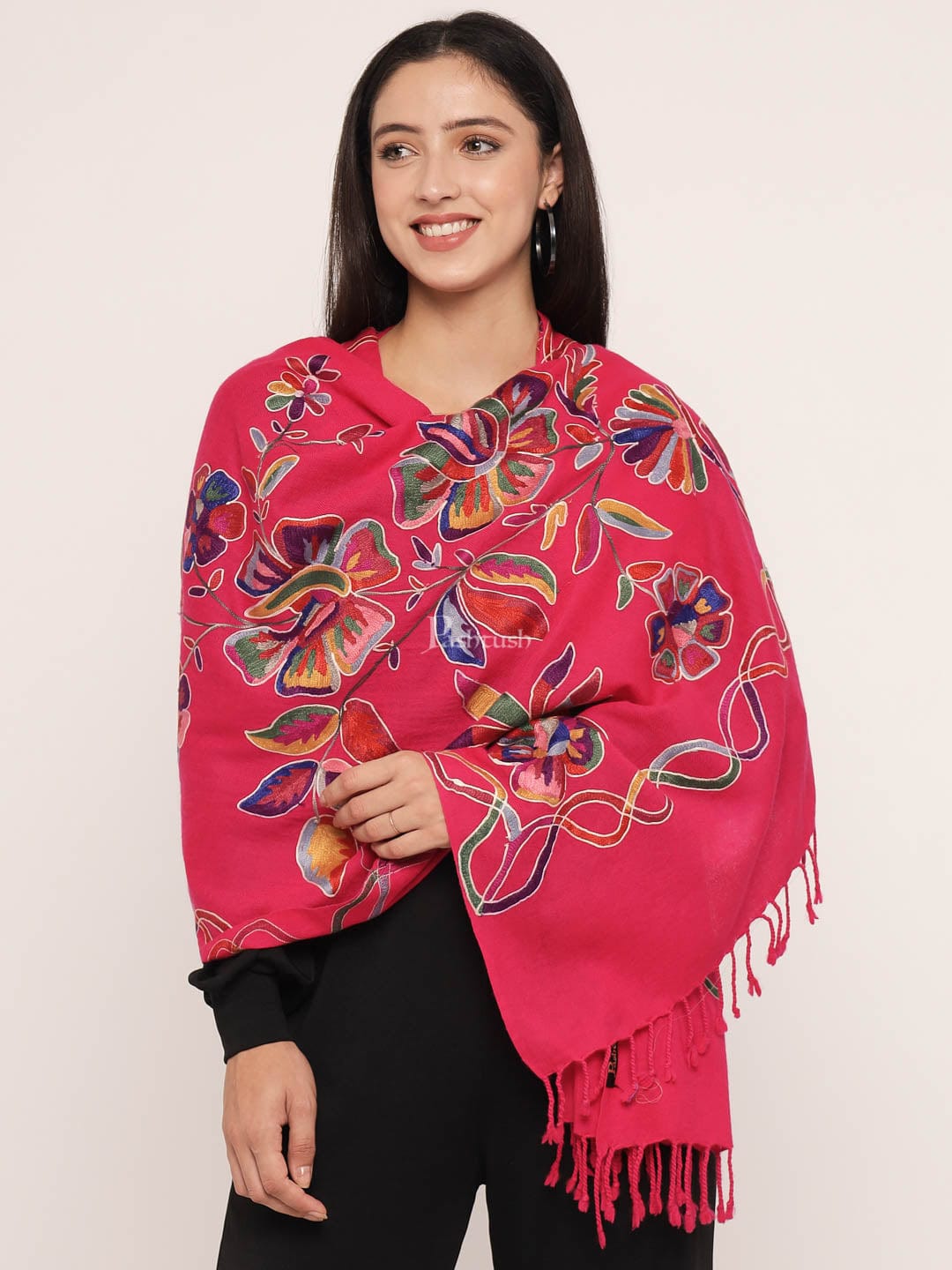 Pashtush India Womens Stoles and Scarves Scarf Pashtush womens 100% Pure Wool with Woolmark Certificate stole,  nalki embroidery design, Pink