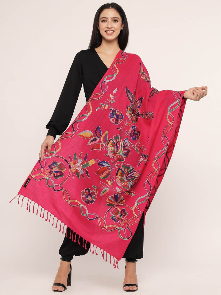 Pashtush India Womens Stoles and Scarves Scarf Pashtush womens 100% Pure Wool with Woolmark Certificate stole,  nalki embroidery design, Pink