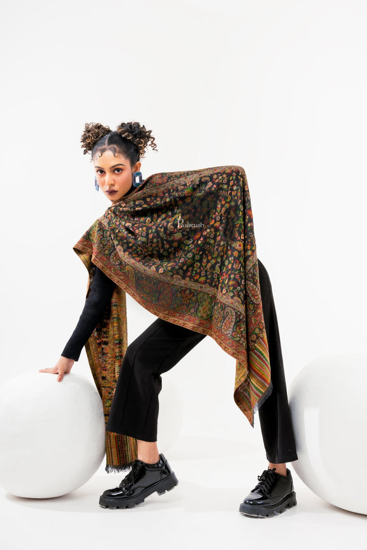 Pashtush India Womens Stoles and Scarves Scarf Pashtush Womens 100% Pure Wool With Woolmark Certificate Stole, Paisley Design, Black