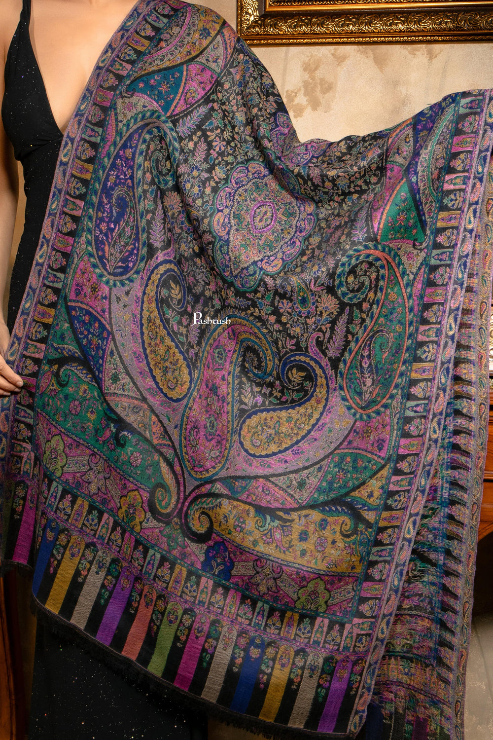 Pashtush India Womens Stoles and Scarves Scarf Pashtush Womens 100% Pure Wool With Woolmark Certificate Stole, Paisley Design, Black