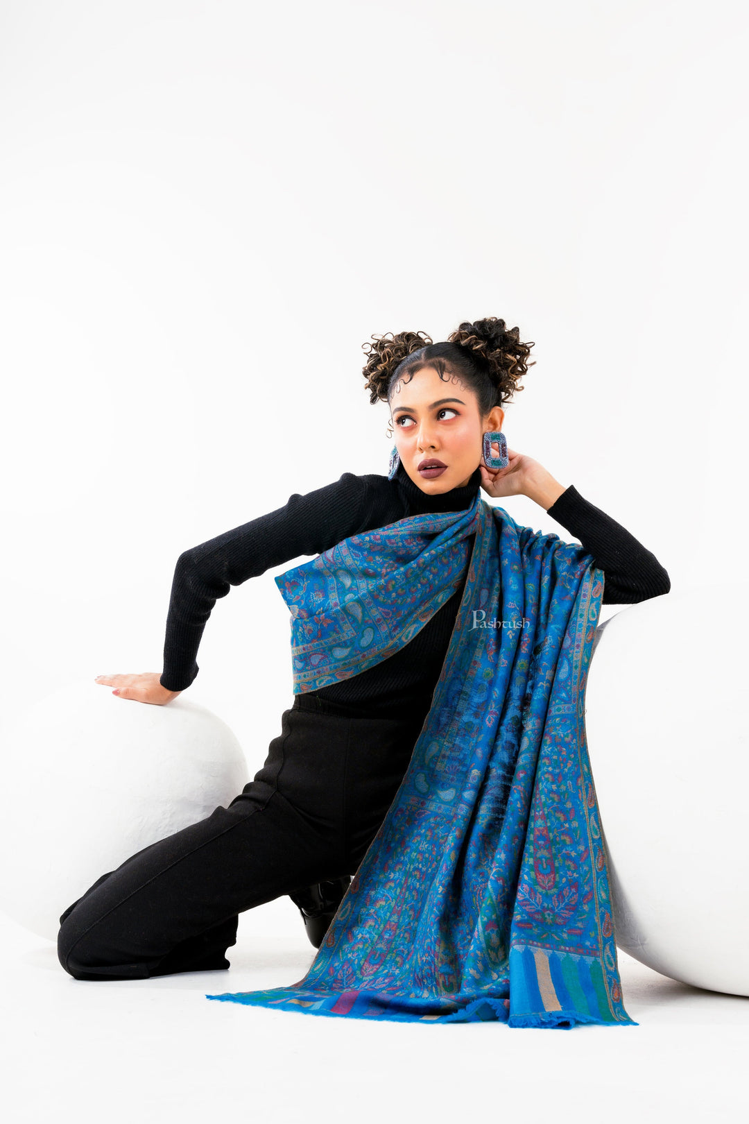 Pashtush India Womens Stoles and Scarves Scarf Pashtush Womens 100% Pure Wool With Woolmark Certificate Stole, Paisley Design, Blue