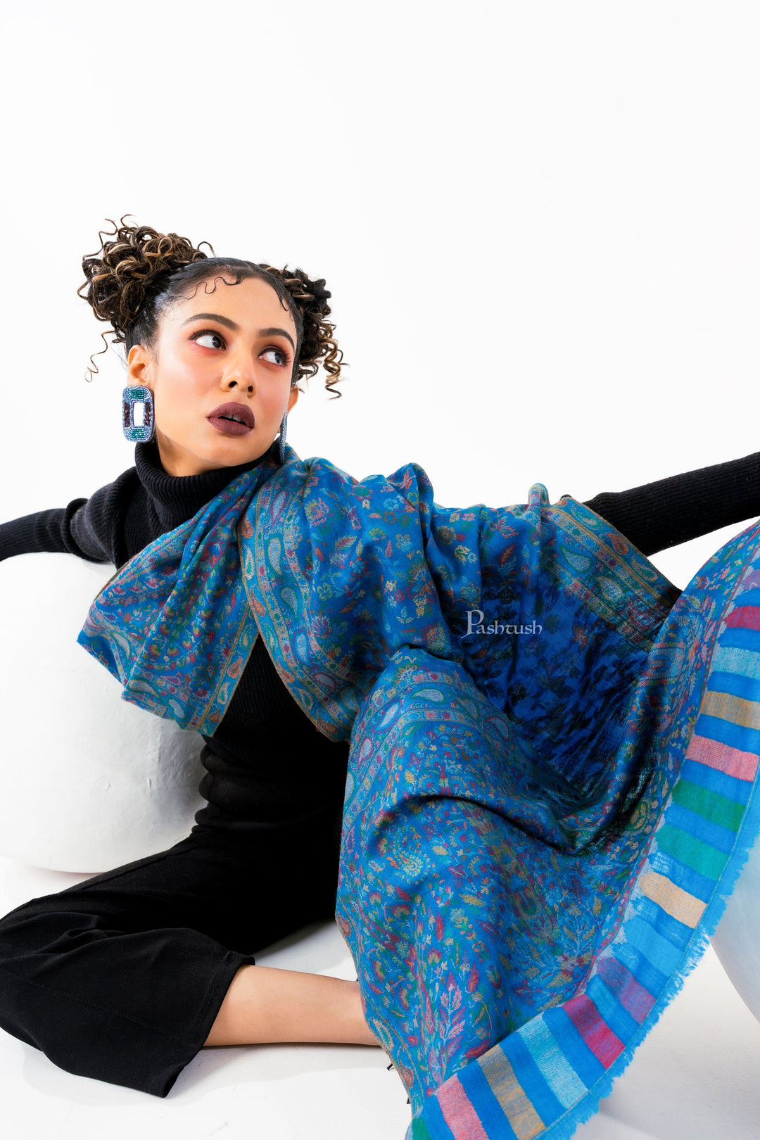 Pashtush India Womens Stoles and Scarves Scarf Pashtush Womens 100% Pure Wool With Woolmark Certificate Stole, Paisley Design, Blue