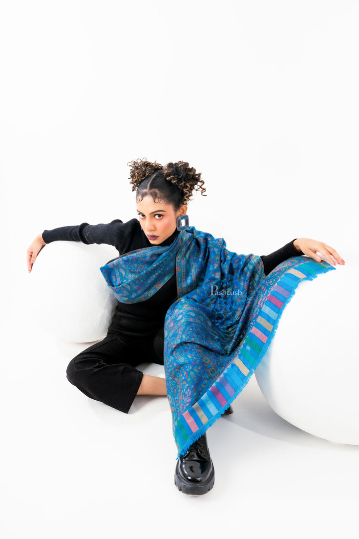 Pashtush India Womens Stoles and Scarves Scarf Pashtush Womens 100% Pure Wool With Woolmark Certificate Stole, Paisley Design, Blue