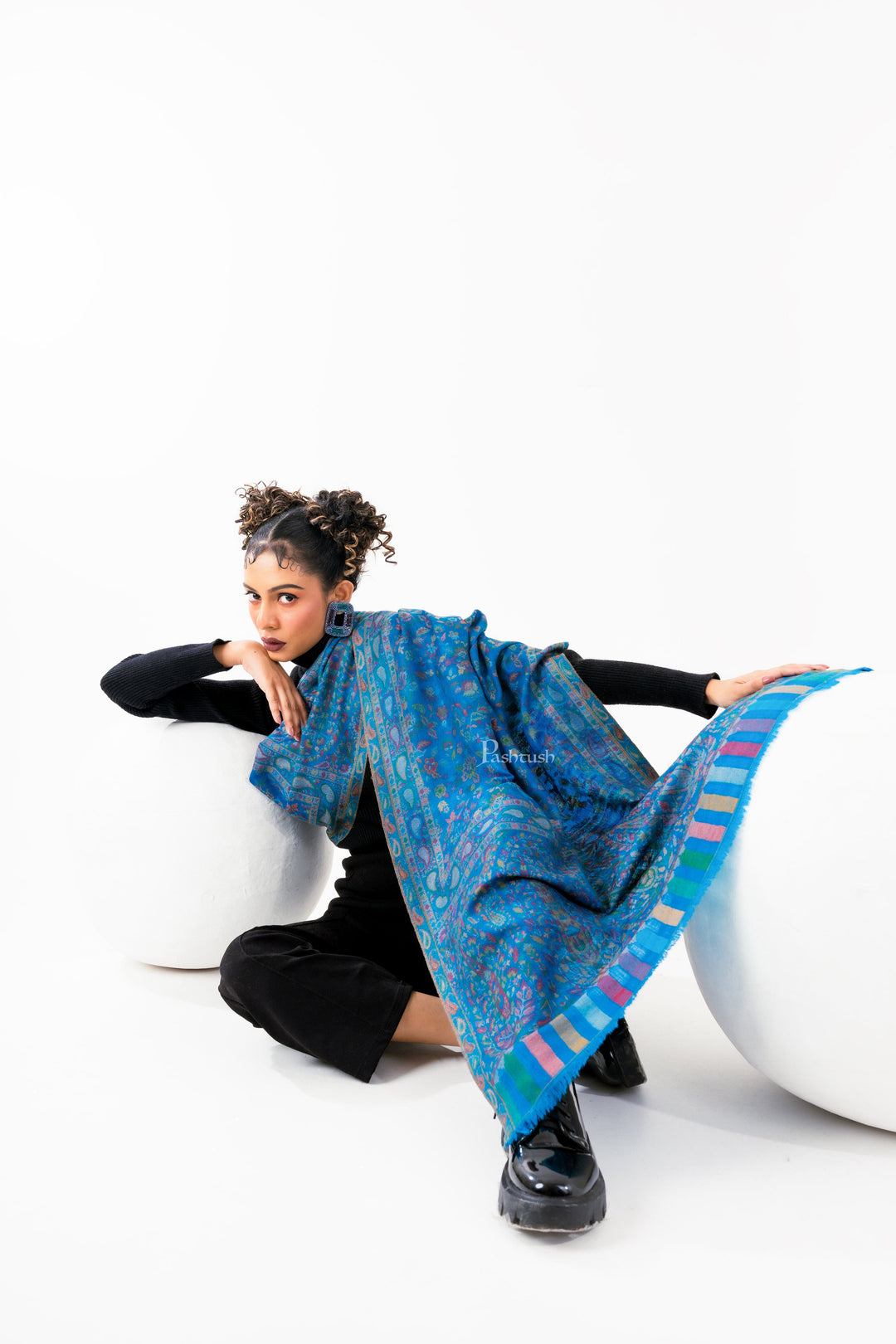 Pashtush India Womens Stoles and Scarves Scarf Pashtush Womens 100% Pure Wool With Woolmark Certificate Stole, Paisley Design, Blue