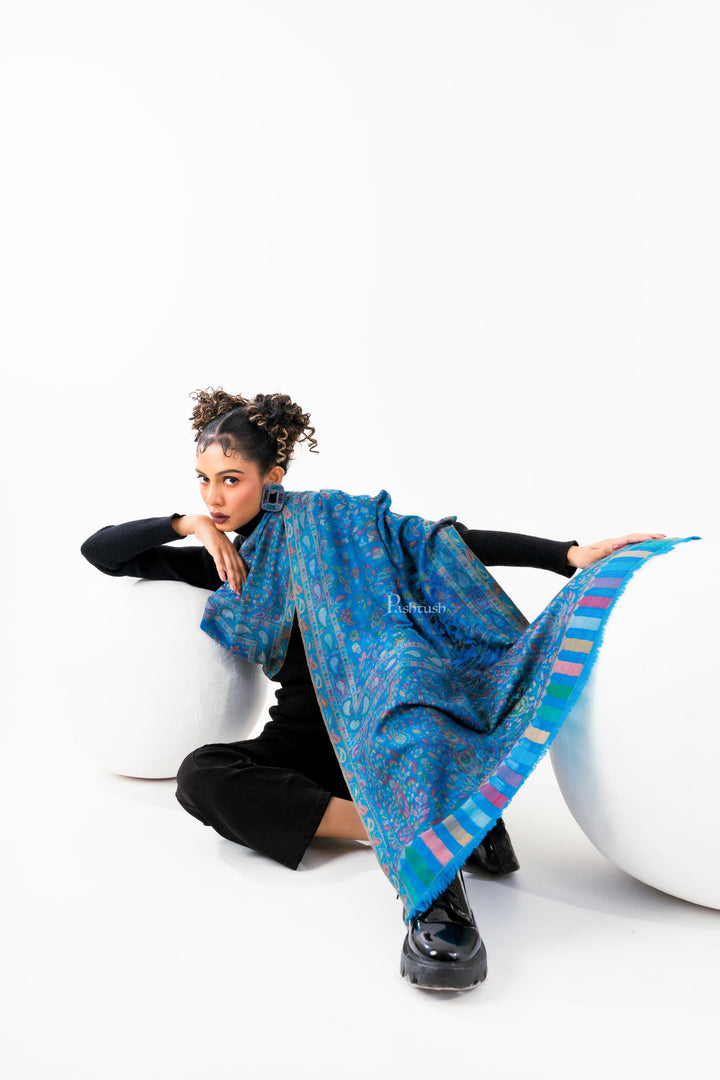 Pashtush India Womens Stoles and Scarves Scarf Pashtush Womens 100% Pure Wool With Woolmark Certificate Stole, Paisley Design, Blue