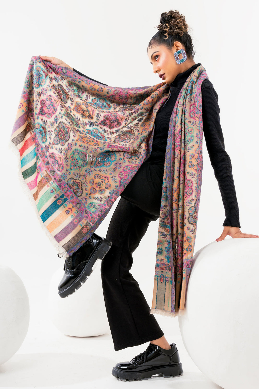 Pashtush India Womens Stoles and Scarves Scarf Pashtush Womens 100% Pure Wool With Woolmark Certificate Stole, Paisley Design, Multicolour