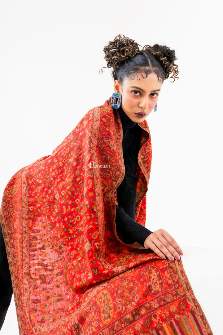 Pashtush India Womens Stoles and Scarves Scarf Pashtush Womens 100% Pure Wool With Woolmark Certificate Stole, Paisley Design, Red