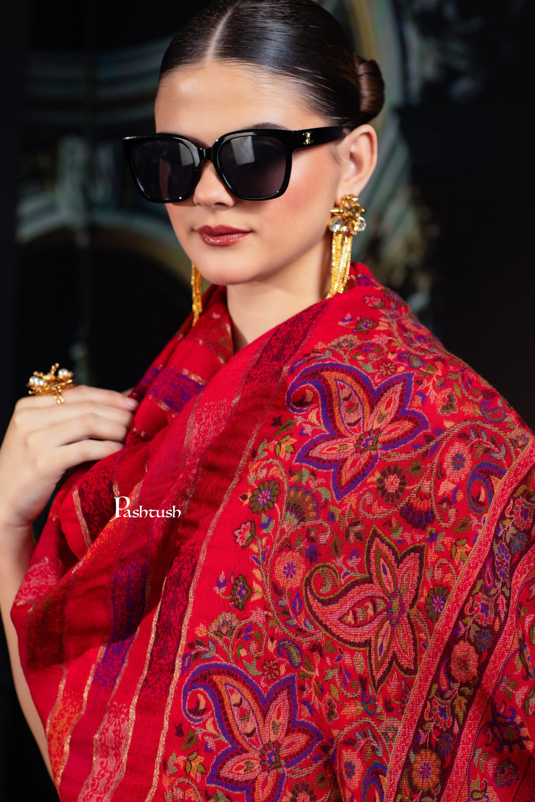 Pashtush India Womens Stoles and Scarves Scarf Pashtush Womens 100% Pure Wool With Woolmark Certificate Stole, Paisley Design, Scarlet Red