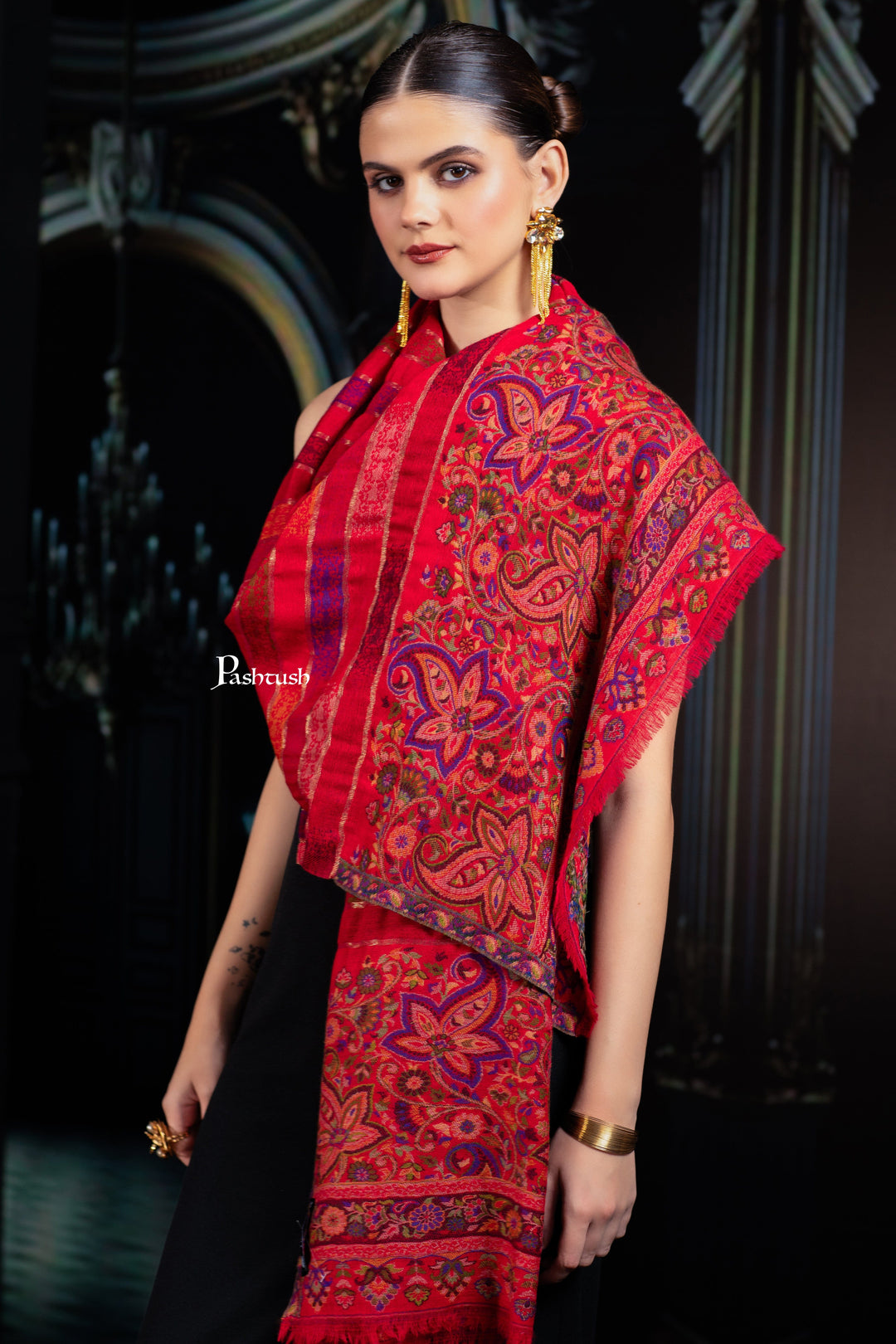 Pashtush India Womens Stoles and Scarves Scarf Pashtush Womens 100% Pure Wool With Woolmark Certificate Stole, Paisley Design, Scarlet Red