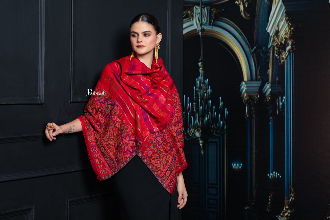 Pashtush India Womens Stoles and Scarves Scarf Pashtush Womens 100% Pure Wool With Woolmark Certificate Stole, Paisley Design, Scarlet Red