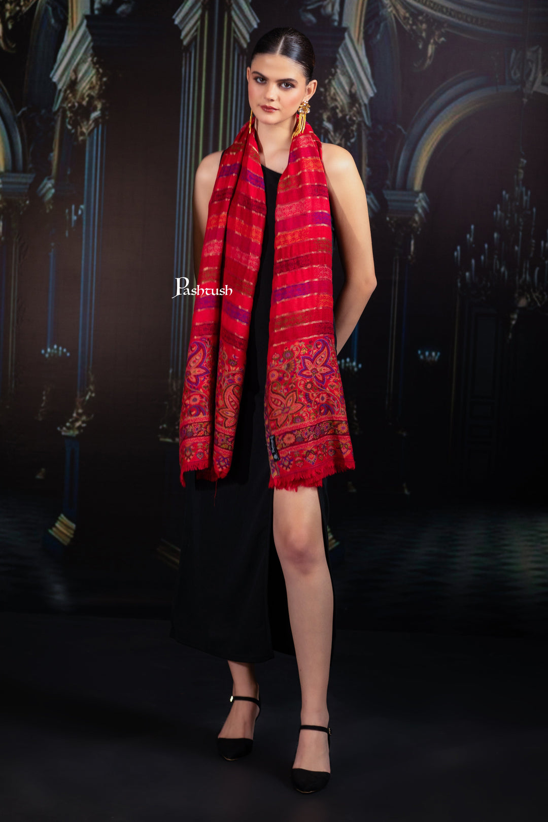 Pashtush India Womens Stoles and Scarves Scarf Pashtush Womens 100% Pure Wool With Woolmark Certificate Stole, Paisley Design, Scarlet Red