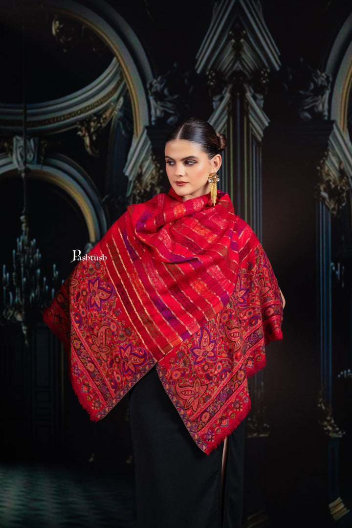 Pashtush India Womens Stoles and Scarves Scarf Pashtush Womens 100% Pure Wool With Woolmark Certificate Stole, Paisley Design, Scarlet Red