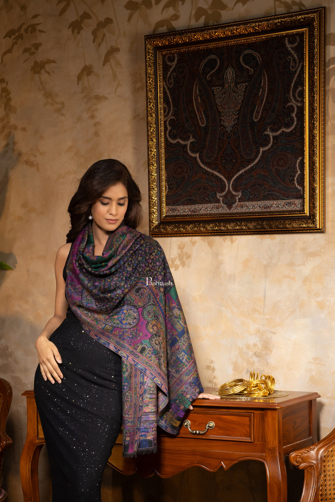 Pashtush India Womens Stoles and Scarves Scarf Pashtush Womens 100% Pure Wool With Woolmark Certificate Stole, Paisley Weave Design, Black