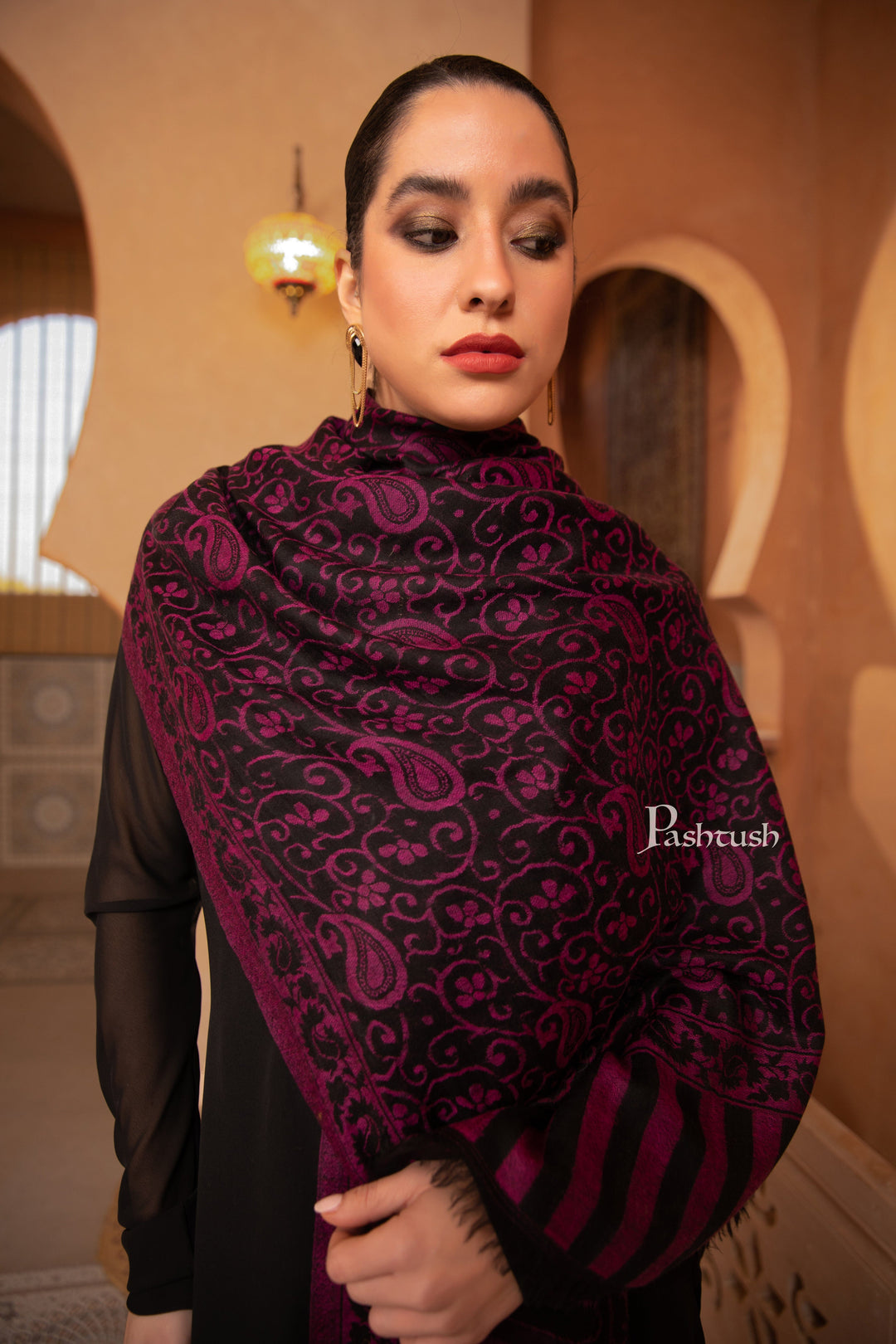 Pashtush India Womens Stoles and Scarves Scarf Pashtush Womens 100% Pure Wool With Woolmark Certificate Stole, Paisley Weave Design, Black