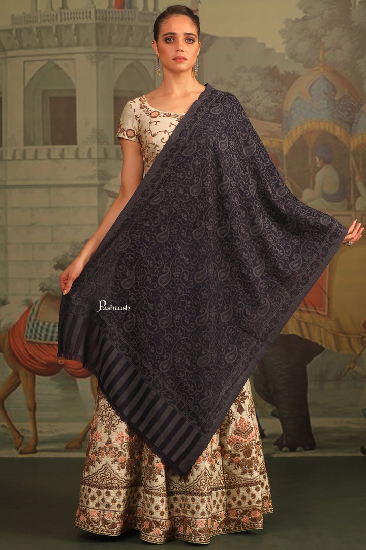 Pashtush India Womens Stoles and Scarves Scarf Pashtush Womens 100% Pure Wool With Woolmark Certificate Stole, Paisley Weave Design, Blue