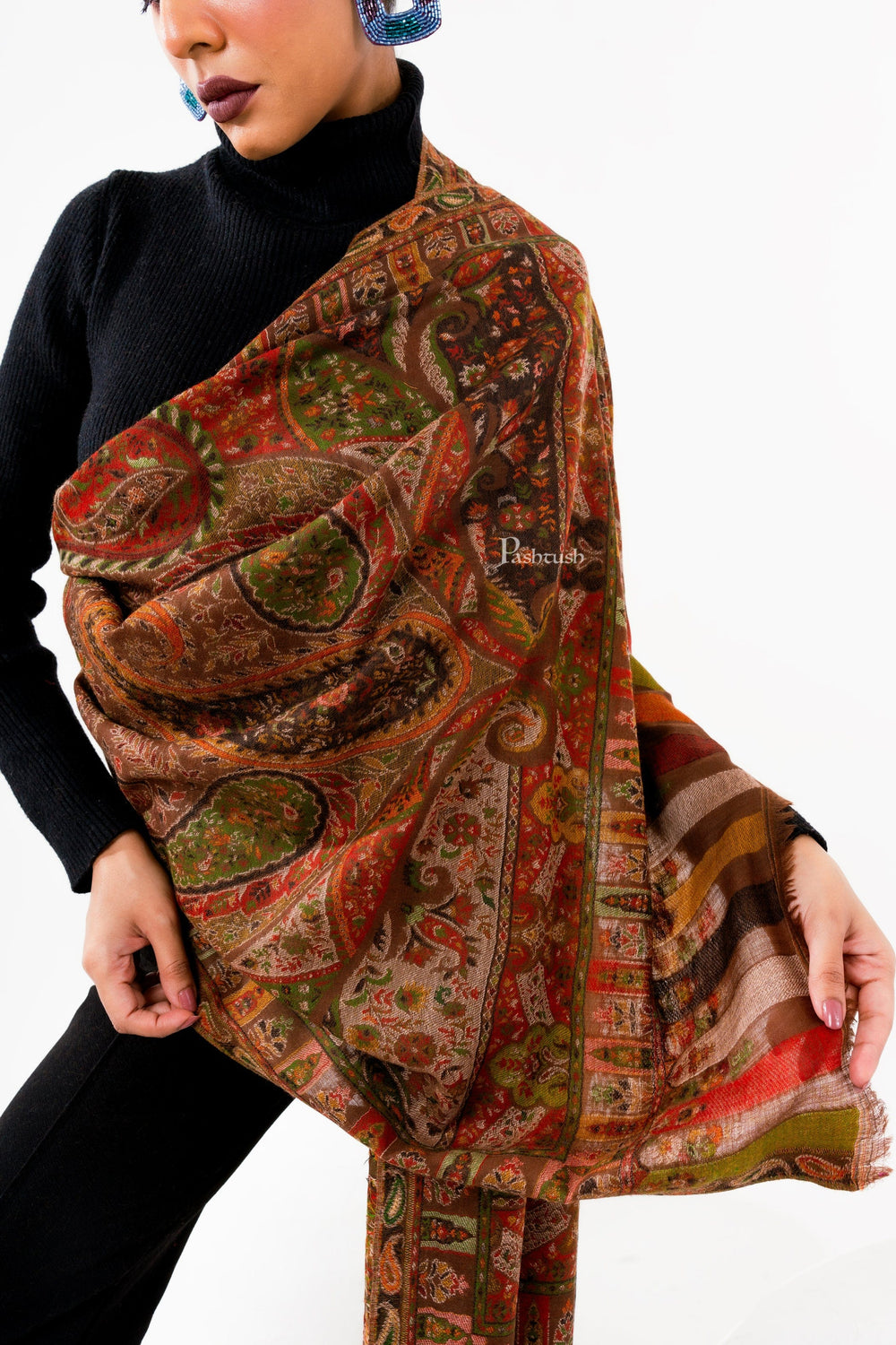Pashtush India Womens Stoles and Scarves Scarf Pashtush Womens 100% Pure Wool With Woolmark Certificate Stole, Paisley Weave Design, Brown