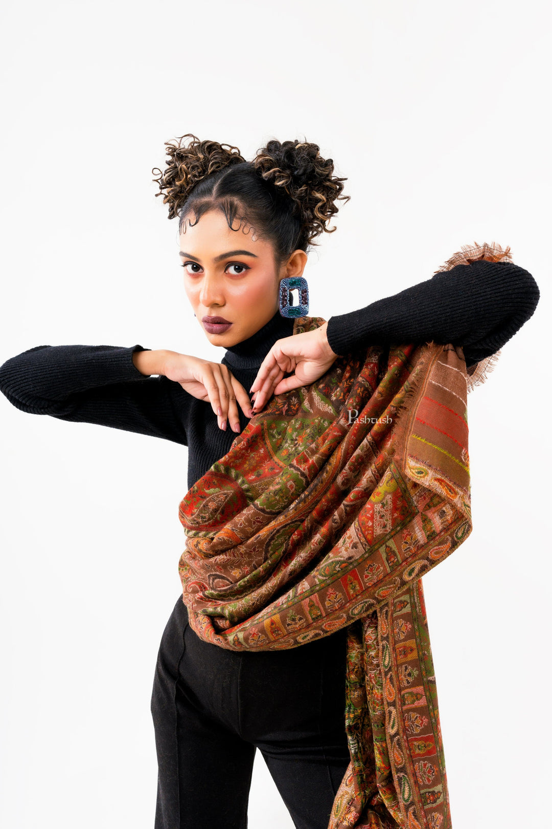 Pashtush India Womens Stoles and Scarves Scarf Pashtush Womens 100% Pure Wool With Woolmark Certificate Stole, Paisley Weave Design, Brown