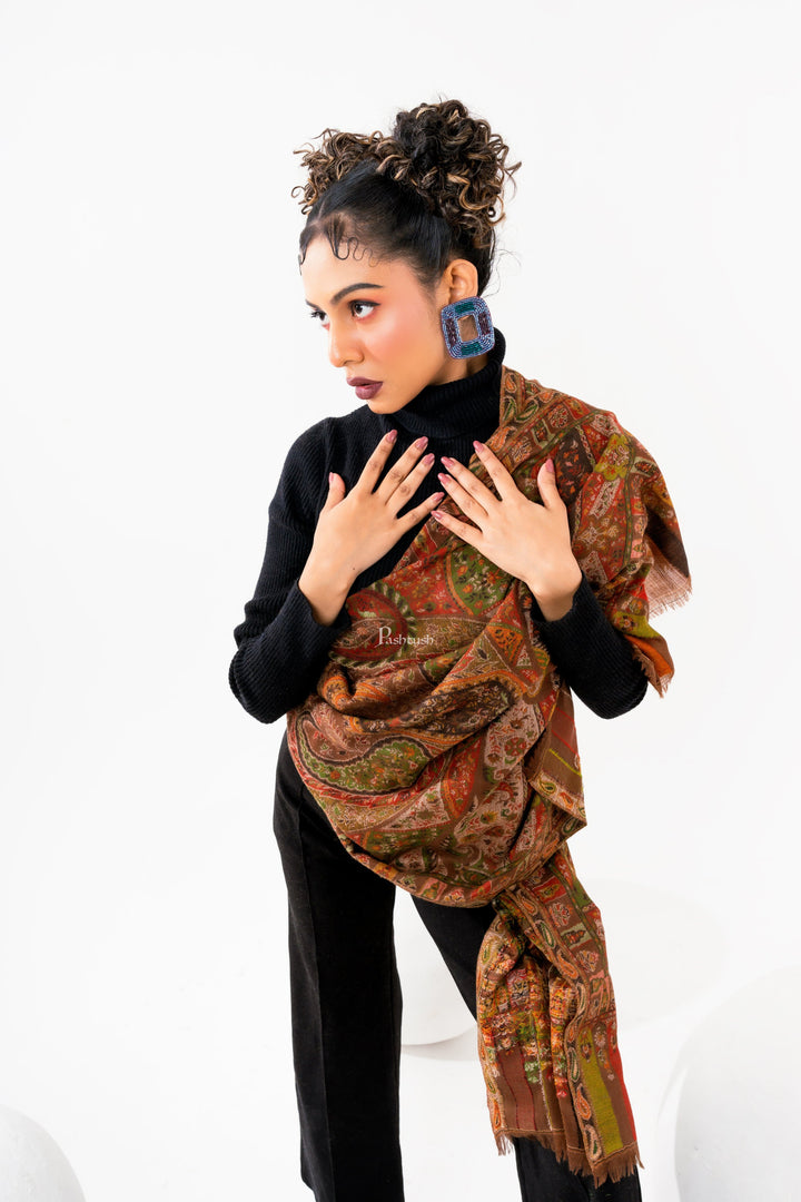 Pashtush India Womens Stoles and Scarves Scarf Pashtush Womens 100% Pure Wool With Woolmark Certificate Stole, Paisley Weave Design, Brown