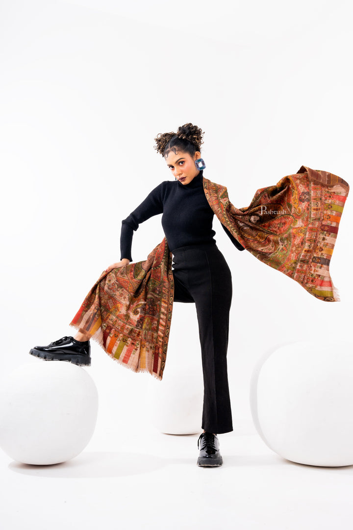 Pashtush India Womens Stoles and Scarves Scarf Pashtush Womens 100% Pure Wool With Woolmark Certificate Stole, Paisley Weave Design, Brown