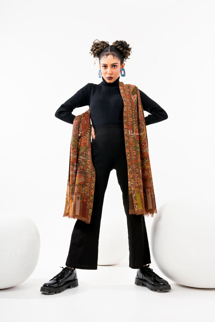 Pashtush India Womens Stoles and Scarves Scarf Pashtush Womens 100% Pure Wool With Woolmark Certificate Stole, Paisley Weave Design, Brown