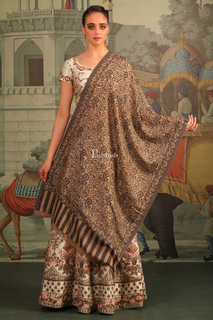 Pashtush India Womens Stoles and Scarves Scarf Pashtush Womens 100% Pure Wool With Woolmark Certificate Stole, Paisley Weave Design, Grey