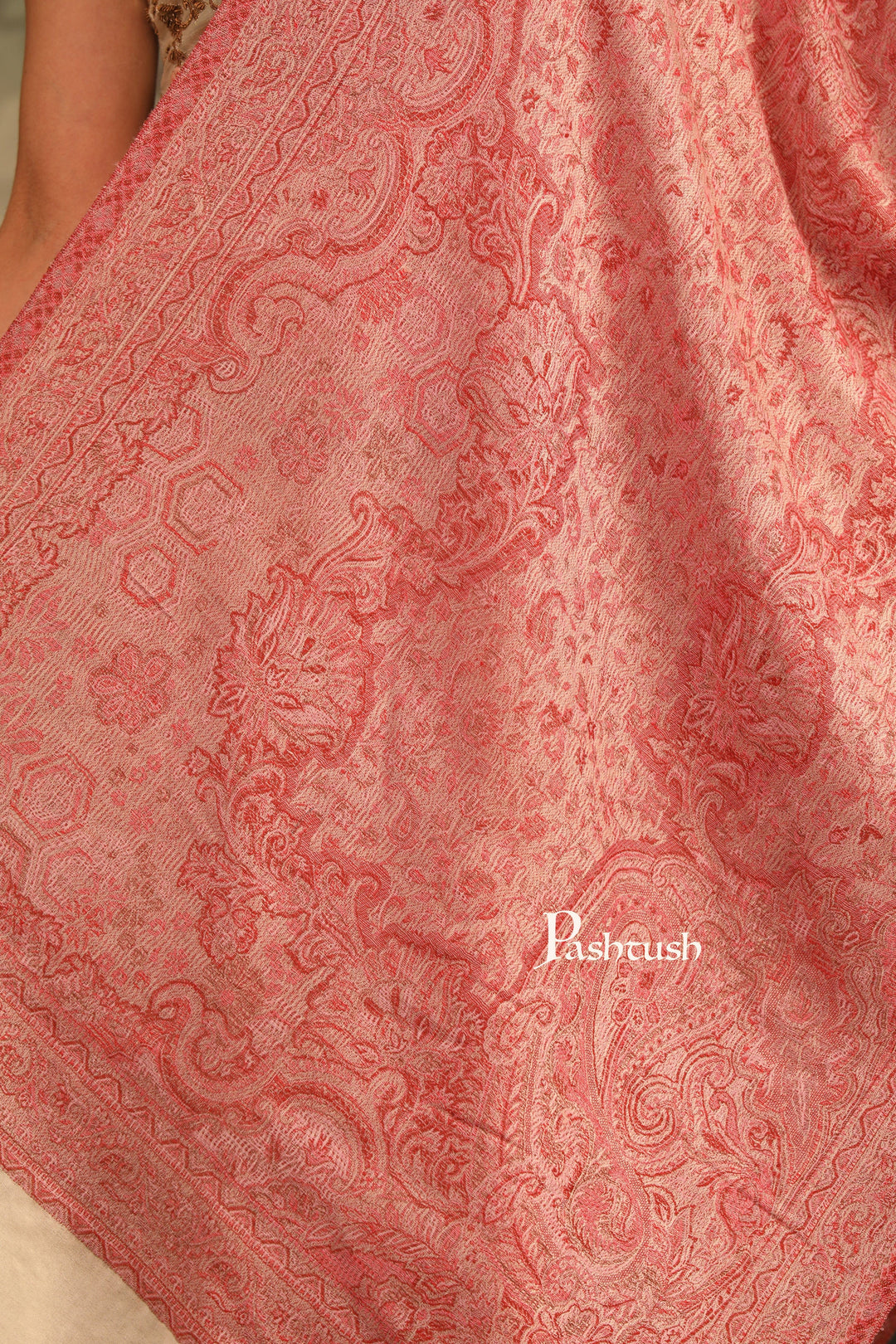 Pashtush India Womens Stoles and Scarves Scarf Pashtush Womens 100% Pure Wool With Woolmark Certificate Stole, Paisley Weave Design, Ivory