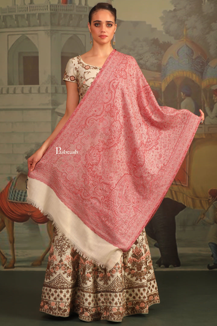 Pashtush India Womens Stoles and Scarves Scarf Pashtush Womens 100% Pure Wool With Woolmark Certificate Stole, Paisley Weave Design, Ivory