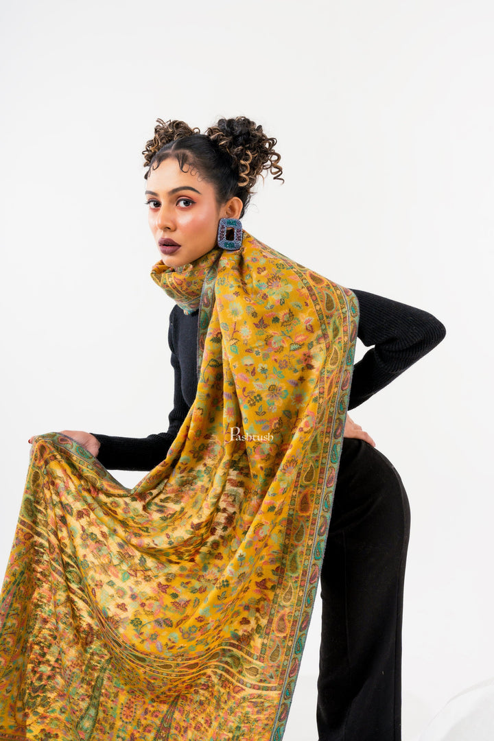Pashtush India Womens Stoles and Scarves Scarf Pashtush Womens 100% Pure Wool With Woolmark Certificate Stole, Paisley Weave Design, Mustard