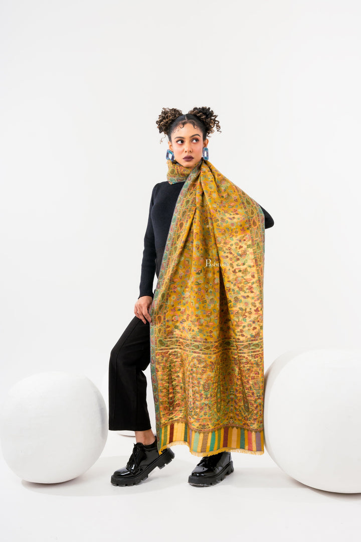 Pashtush India Womens Stoles and Scarves Scarf Pashtush Womens 100% Pure Wool With Woolmark Certificate Stole, Paisley Weave Design, Mustard