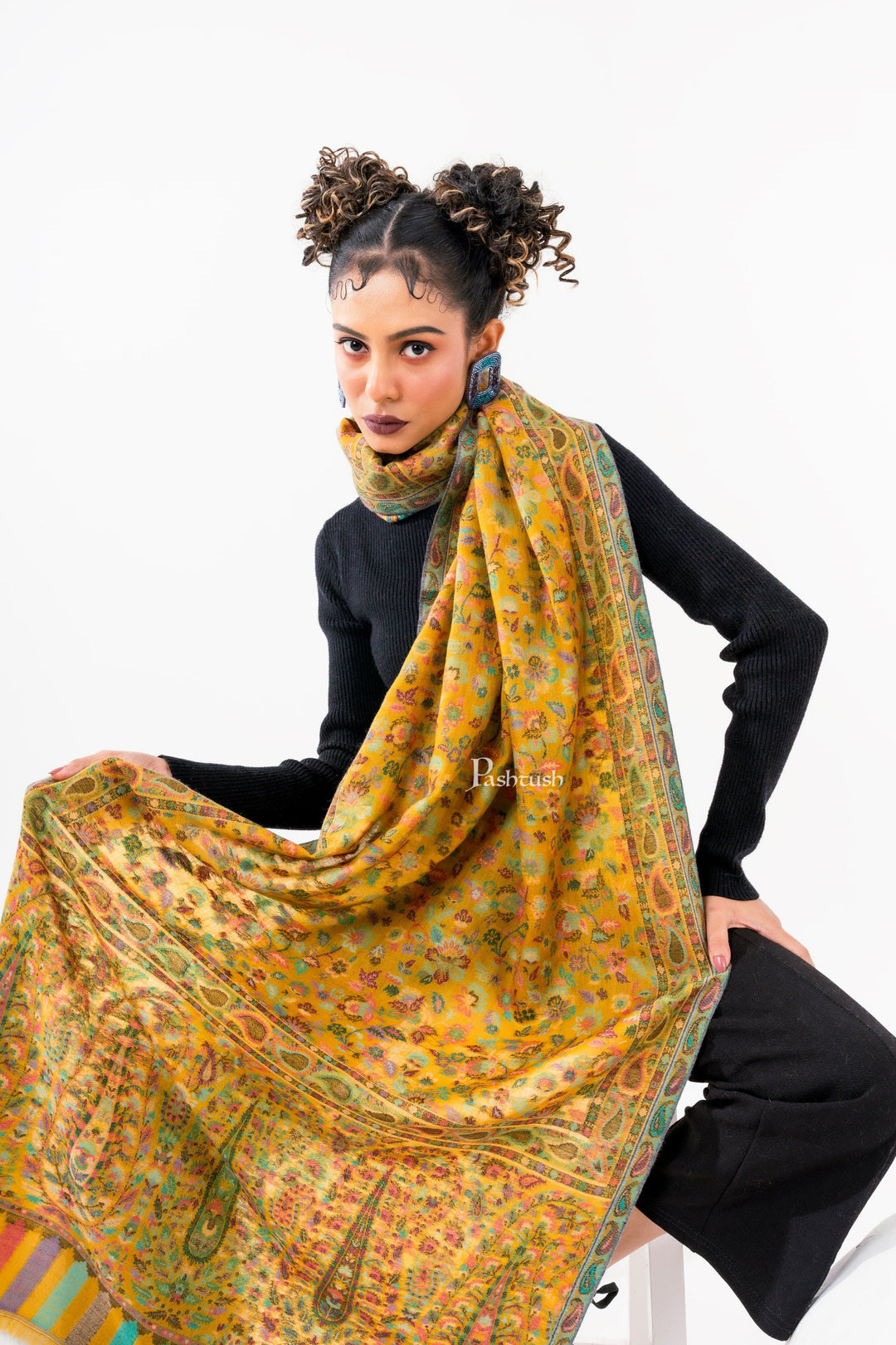 Pashtush India Womens Stoles and Scarves Scarf Pashtush Womens 100% Pure Wool With Woolmark Certificate Stole, Paisley Weave Design, Mustard