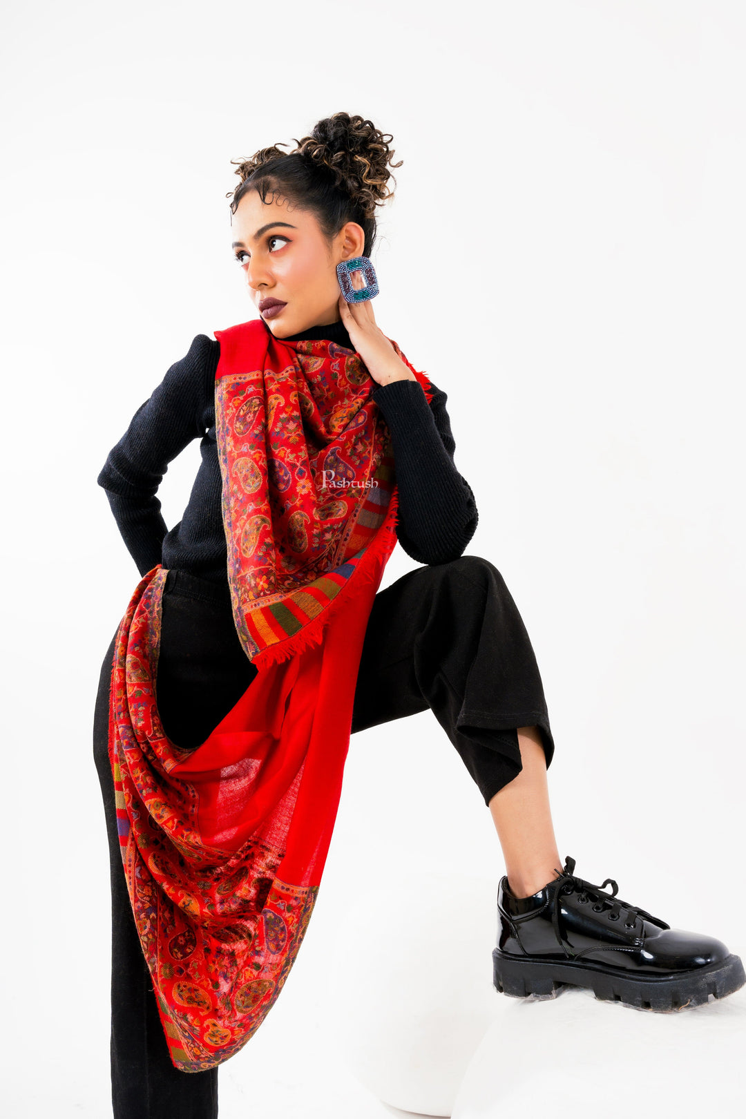 Pashtush India Womens Stoles and Scarves Scarf Pashtush Womens 100% Pure Wool With Woolmark Certificate Stole, Paisley Weave Design, Red
