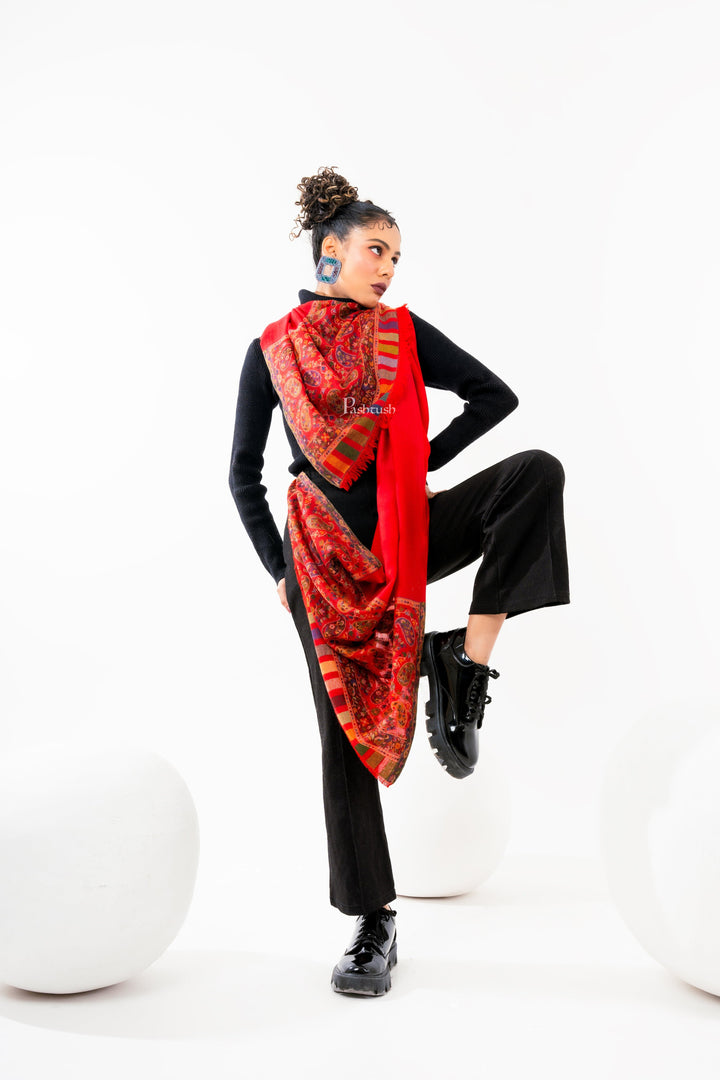 Pashtush India Womens Stoles and Scarves Scarf Pashtush Womens 100% Pure Wool With Woolmark Certificate Stole, Paisley Weave Design, Red