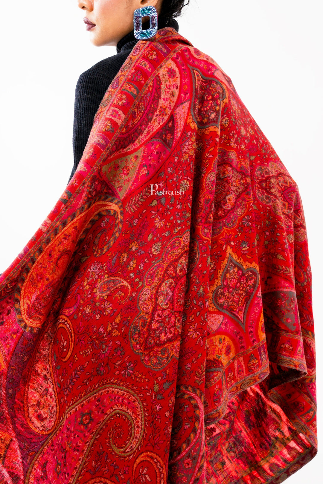 Pashtush India Womens Stoles and Scarves Scarf Pashtush Womens 100% Pure Wool With Woolmark Certificate Stole, Paisley Weave Design, Red