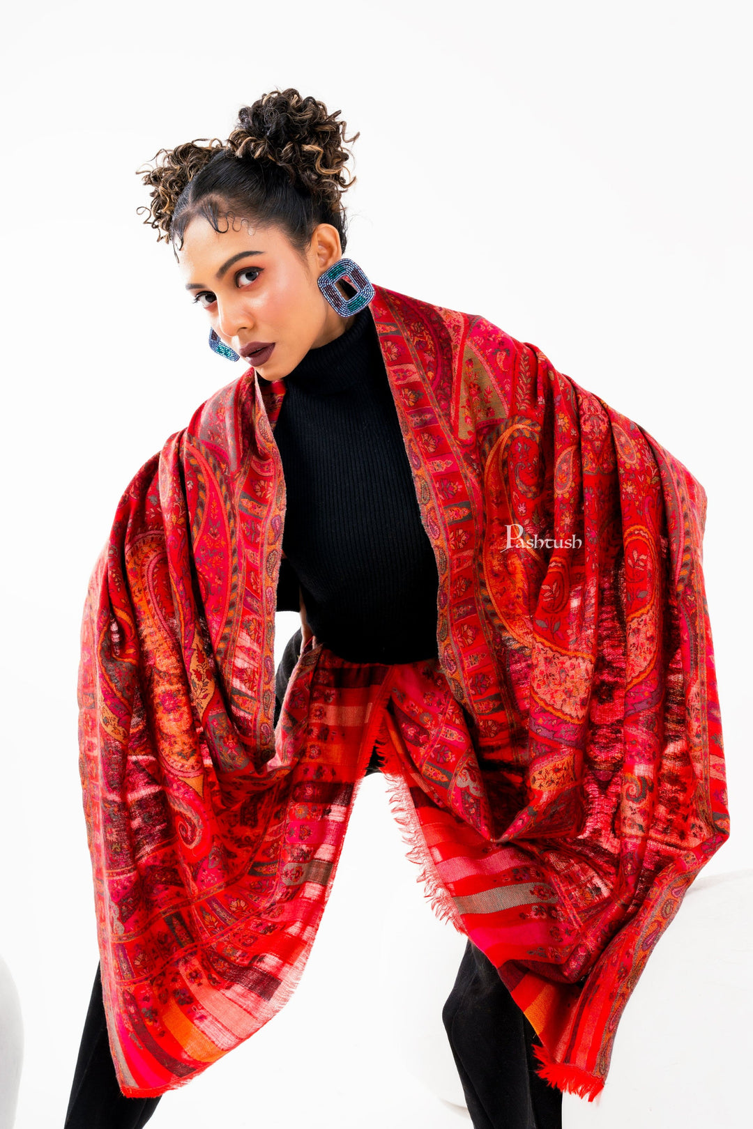 Pashtush India Womens Stoles and Scarves Scarf Pashtush Womens 100% Pure Wool With Woolmark Certificate Stole, Paisley Weave Design, Red