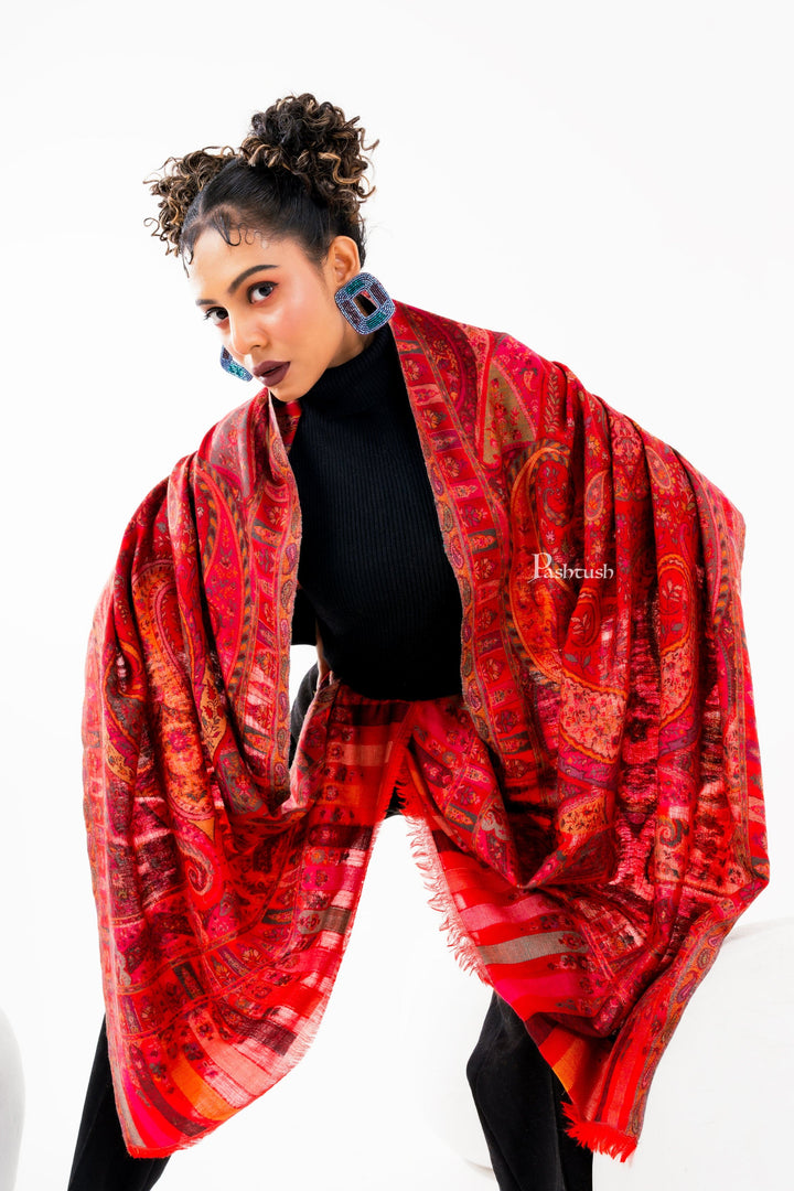 Pashtush India Womens Stoles and Scarves Scarf Pashtush Womens 100% Pure Wool With Woolmark Certificate Stole, Paisley Weave Design, Red