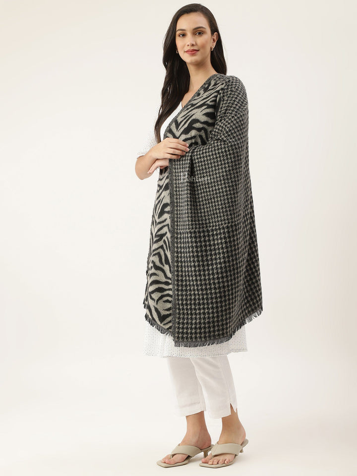 Pashtush India Womens Stoles and Scarves Scarf Pashtush womens Acro Wool Stole, Monotone Wild Stripes design, Black