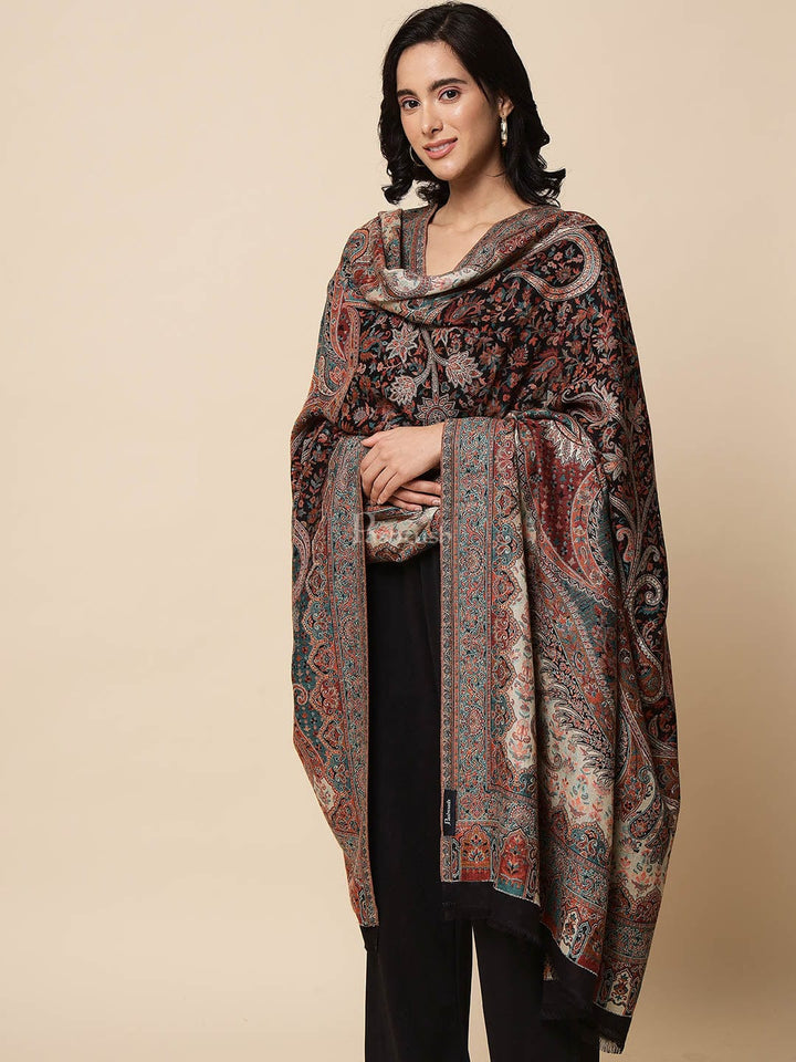Pashtush India Womens Shawls Pashtush Womens Antique Look Jamawar Shawl, Rich Garden Aesthetic, Faux Pashmina, Black