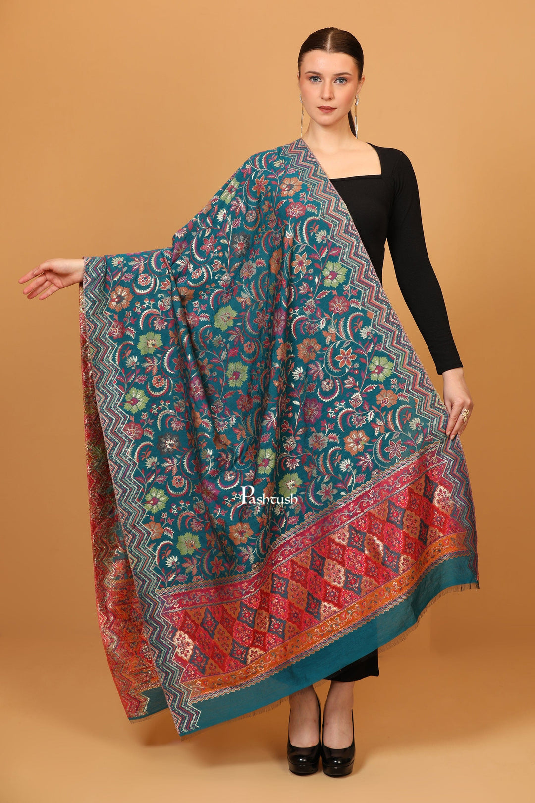 Pashtush India Womens Shawls Pashtush womens Art Silk dupatta, Ethnic Weave Twilight Collection design, Arabic Sea Blue