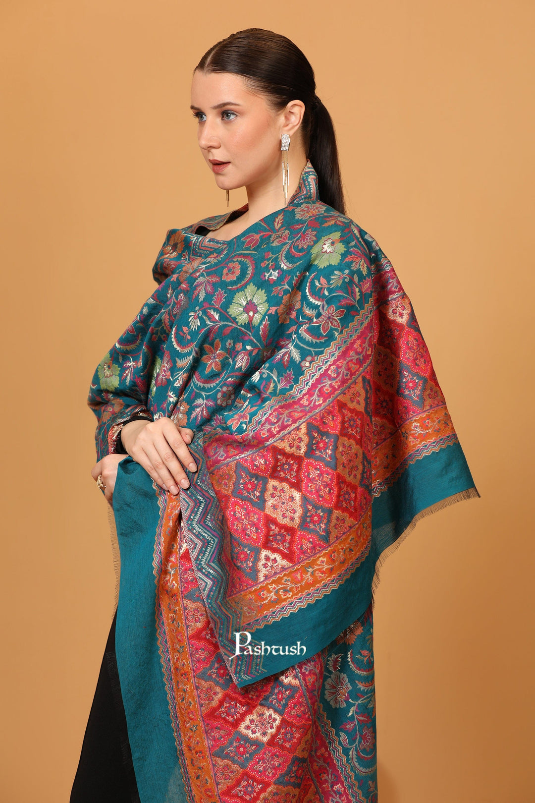 Pashtush India Womens Shawls Pashtush womens Art Silk dupatta, Ethnic Weave Twilight Collection design, Arabic Sea Blue